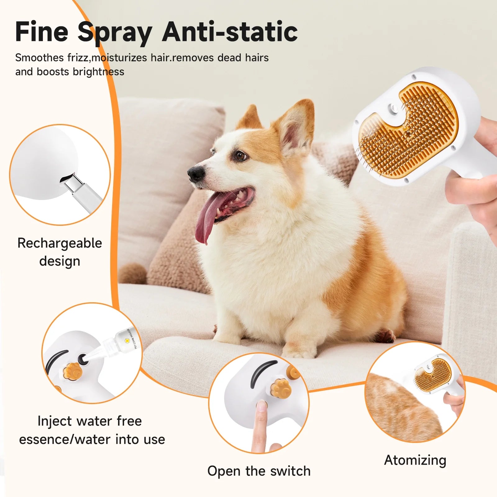 Steam Brush Pet Grooming & Spray - 3-In-1 Depilation Tool for Dogs & Cats - Water Brush for Long/Short Hair - Includes Self-Cleaning & Waterless Shampoo and Empty Bottle