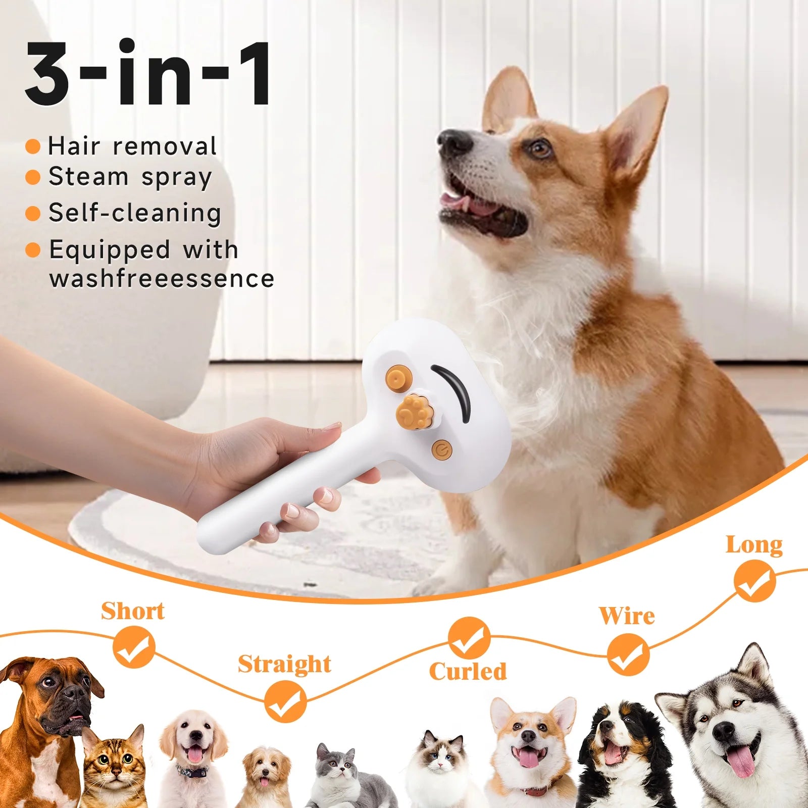Steam Brush Pet Grooming & Spray - 3-In-1 Depilation Tool for Dogs & Cats - Water Brush for Long/Short Hair - Includes Self-Cleaning & Waterless Shampoo and Empty Bottle
