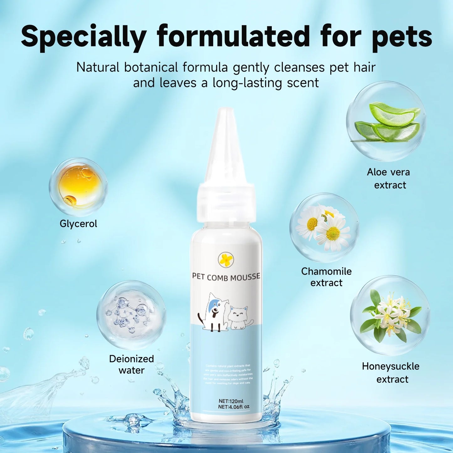 Steam Brush Pet Grooming & Spray - 3-In-1 Depilation Tool for Dogs & Cats - Water Brush for Long/Short Hair - Includes Self-Cleaning & Waterless Shampoo and Empty Bottle