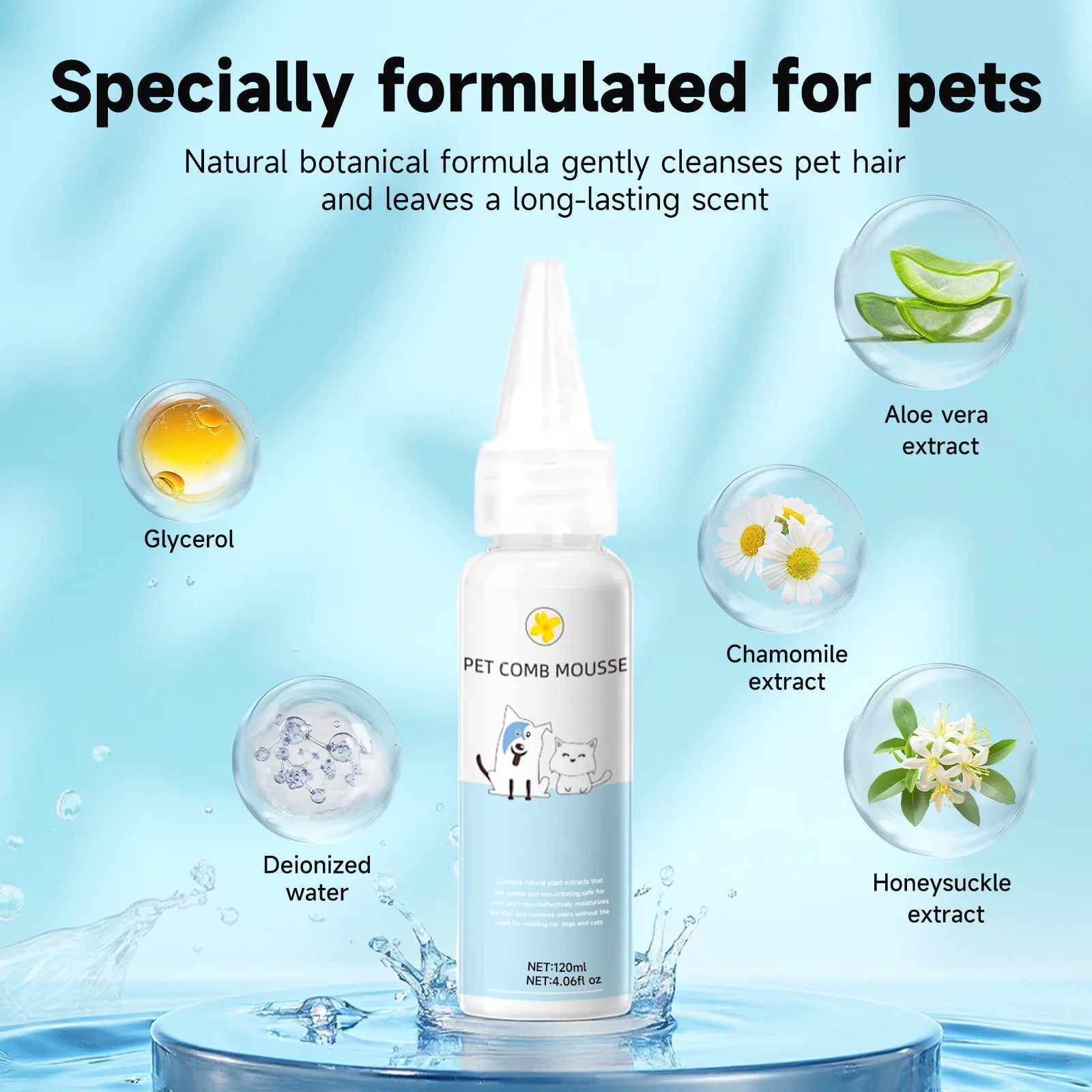 Steam Brush Pet Grooming & Spray - 3-In-1 Depilation Tool for Dogs & Cats - Water Brush for Long/Short Hair - Includes Self-Cleaning & Waterless Shampoo and Empty Bottle
