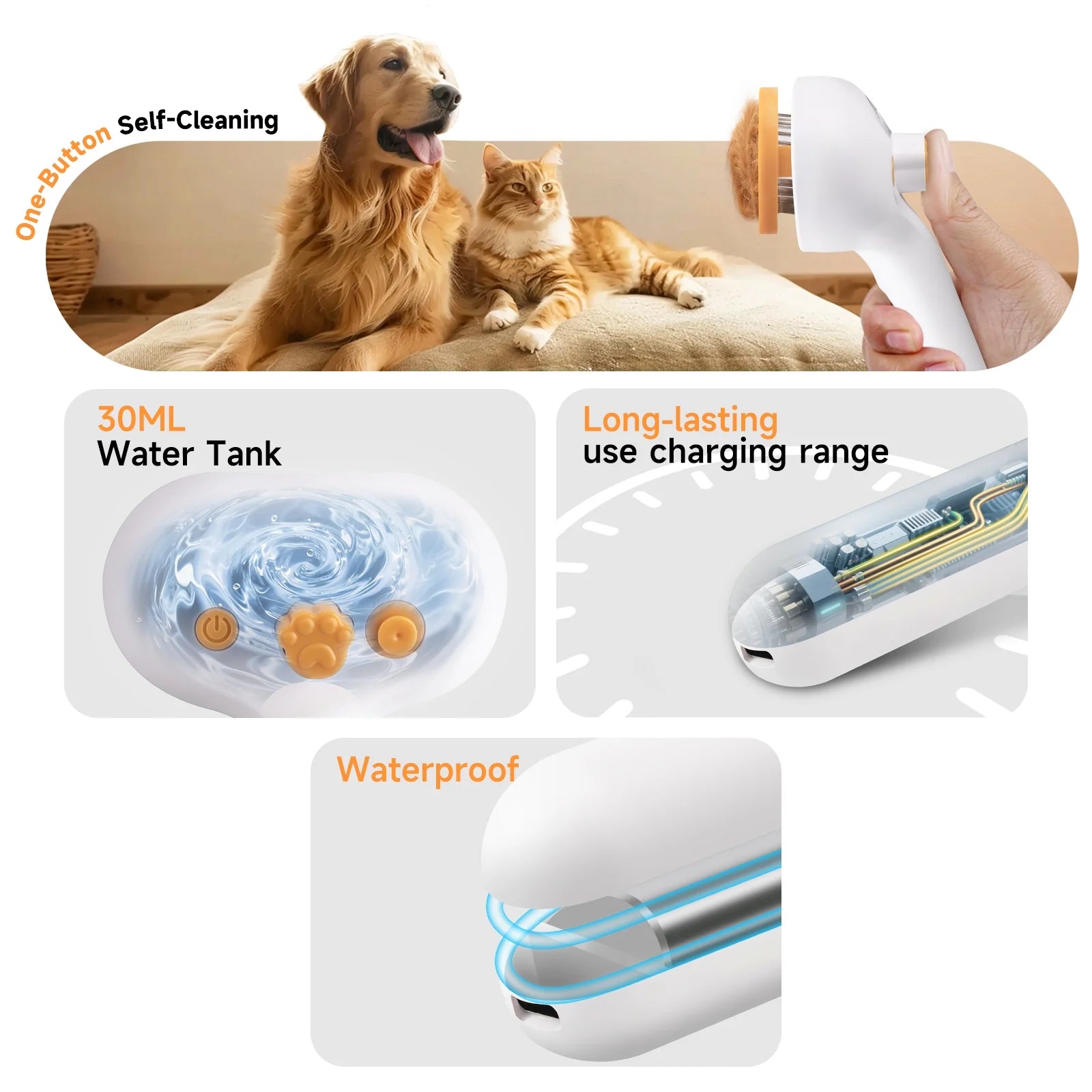Steam Brush Pet Grooming & Spray - 3-In-1 Depilation Tool for Dogs & Cats - Water Brush for Long/Short Hair - Includes Self-Cleaning & Waterless Shampoo and Empty Bottle