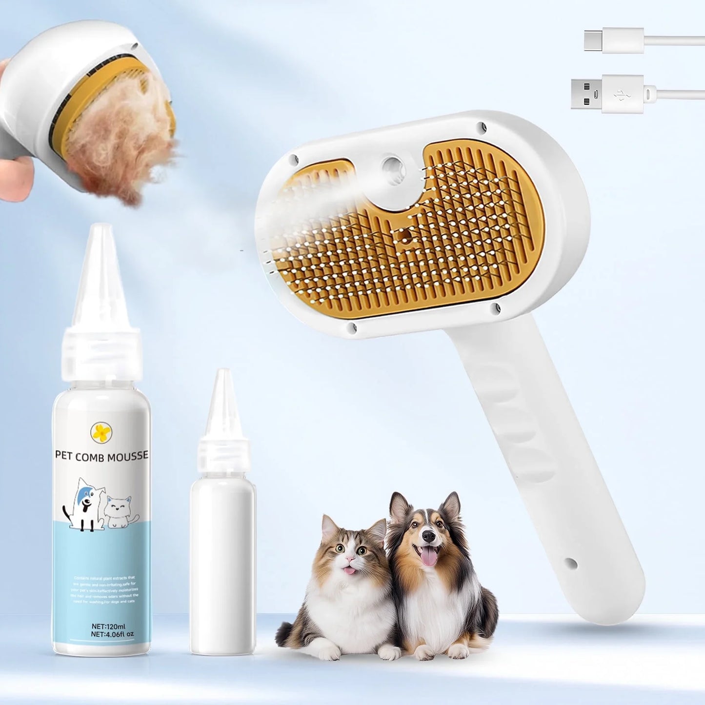 Steam Brush Pet Grooming & Spray - 3-In-1 Depilation Tool for Dogs & Cats - Water Brush for Long/Short Hair - Includes Self-Cleaning & Waterless Shampoo and Empty Bottle