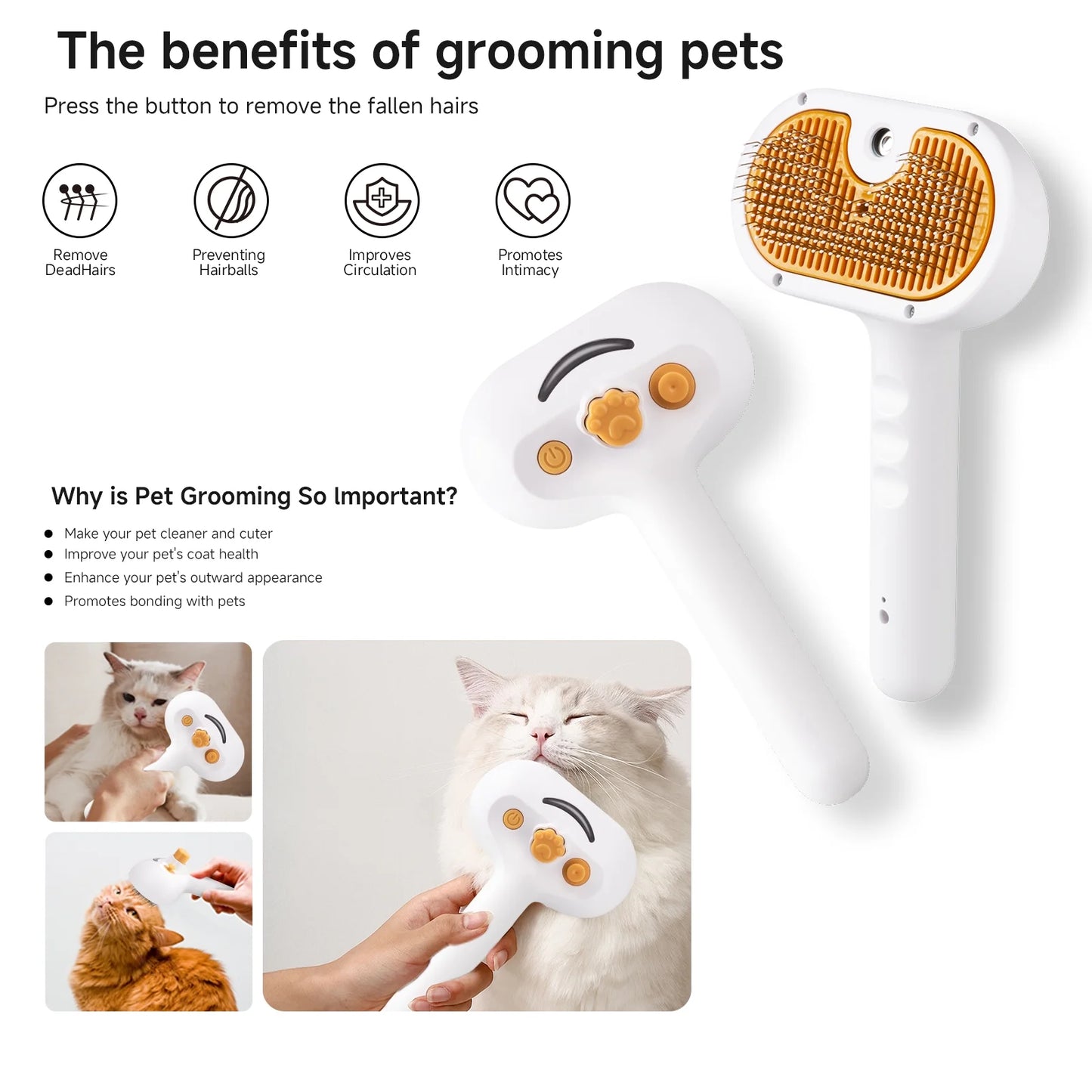 Steam Brush Pet Grooming & Spray - 3-In-1 Depilation Tool for Dogs & Cats - Water Brush for Long/Short Hair - Includes Self-Cleaning & Waterless Shampoo and Empty Bottle